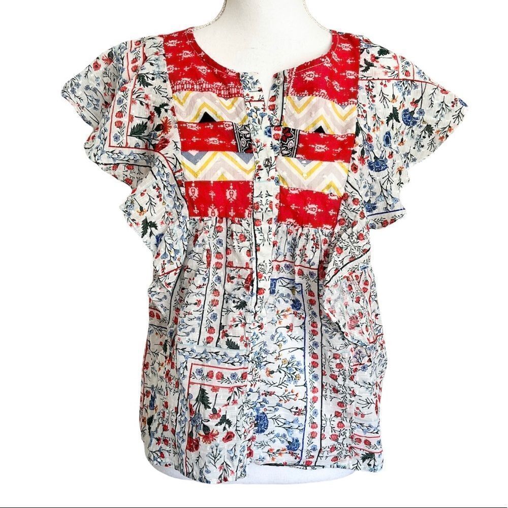 Anthropologie Let Me Be Patchwork Floral Ruffled Cotton Top US 2